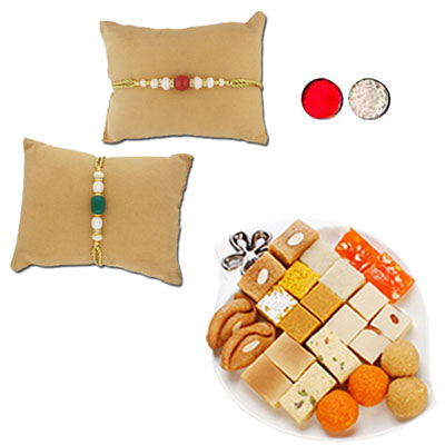 "Shimmering Pearl Rakhi Combo - JPRAK-23-05,  500gms of Assorted Sweets - Click here to View more details about this Product